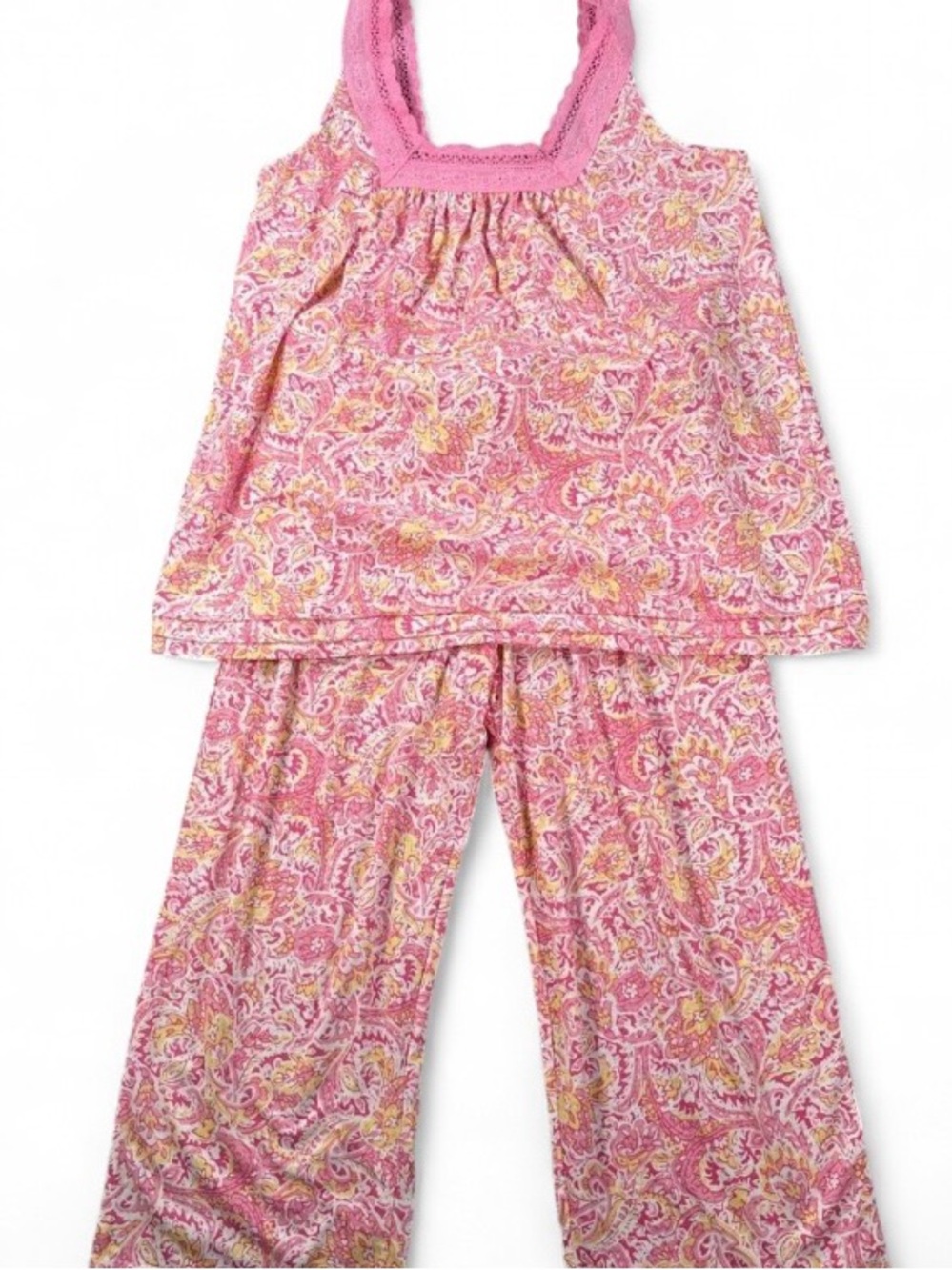 Aria Pink Paisley Lace Trim Sleeveless Womens 60% Cotton Capri Pajama Set Sz M